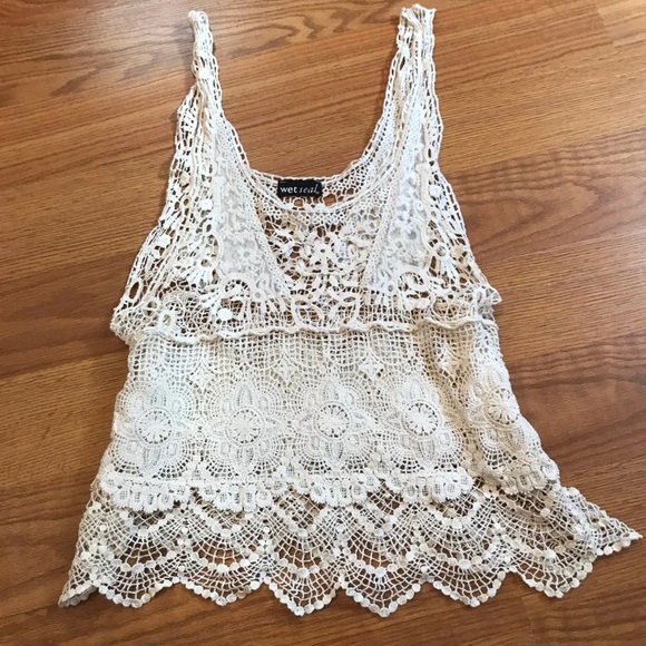 Wet Seal Tops - Cream Crochet Crop Tank